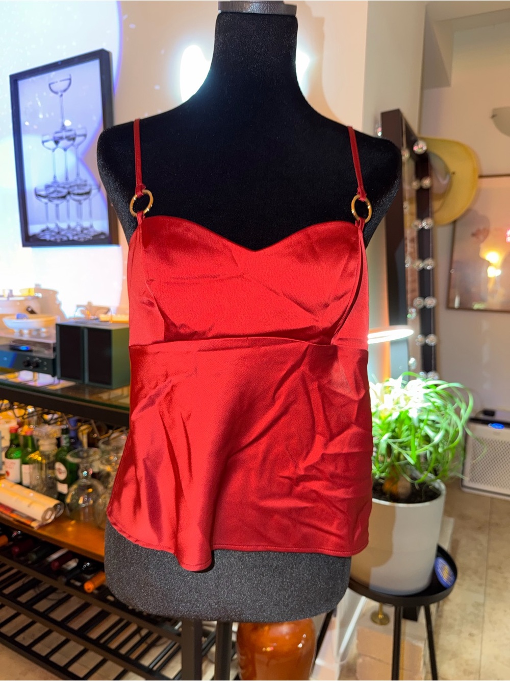 silence + noise Red Satin Spaghetti Strap Cami with Gold Ring Accents